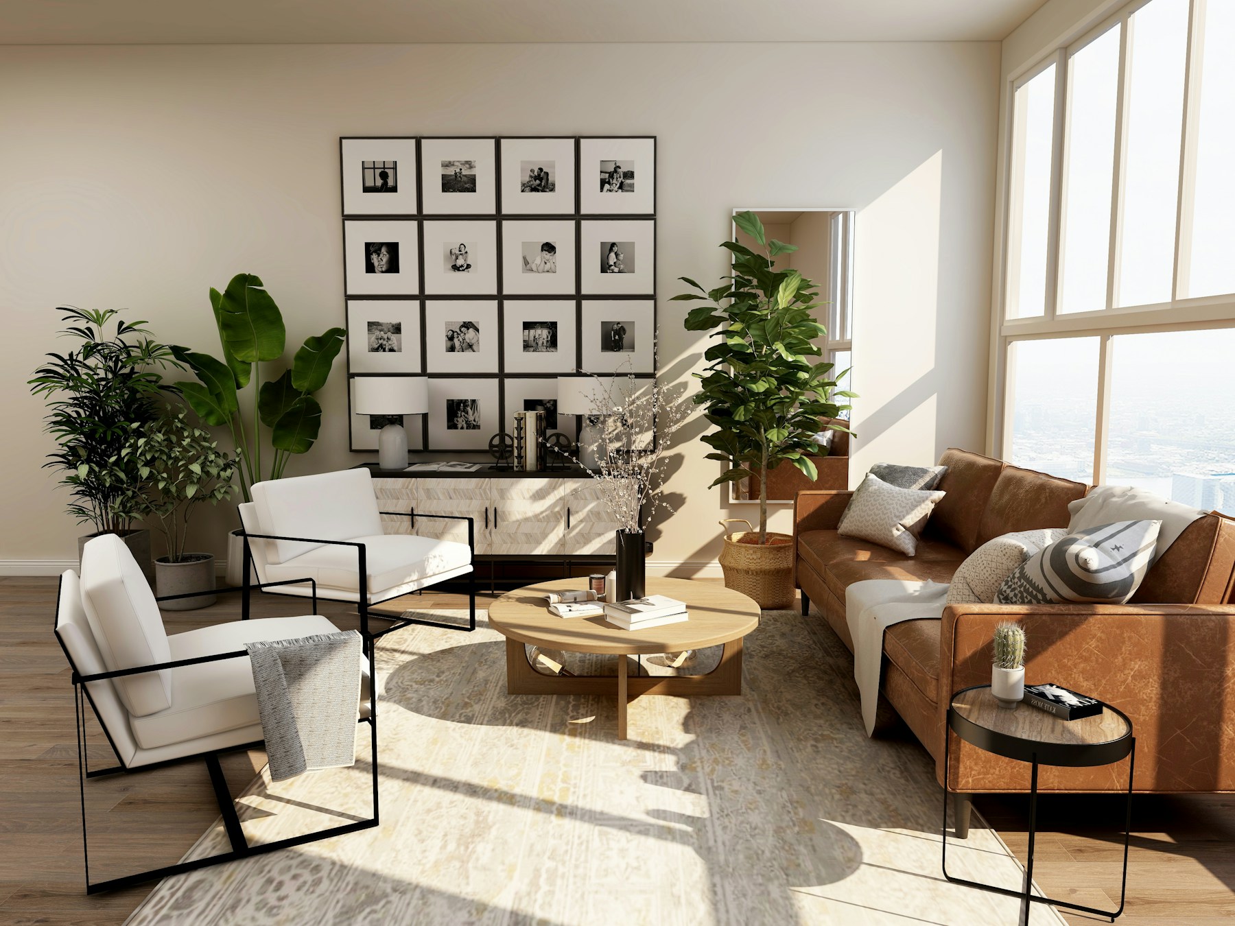 Sunlit modern living room with a leather sofa and houseplants